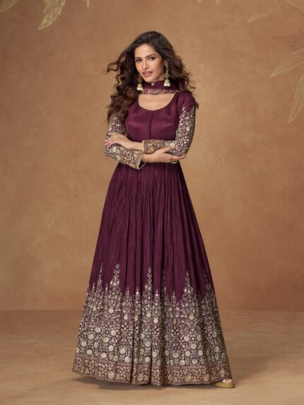 Real Chinon Silk Party Wear Gown In Burgundy Color with Embroidery Work