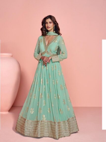 Real Georgette Party Wear Gown In Light Green Color with Embroidery Work