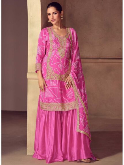 Pure Chinon Silk Party Wear Sharara Pink Color with Embroidery Work